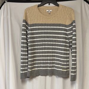 Croft & Barrow Tan and Gray Striped Crewneck Sweater